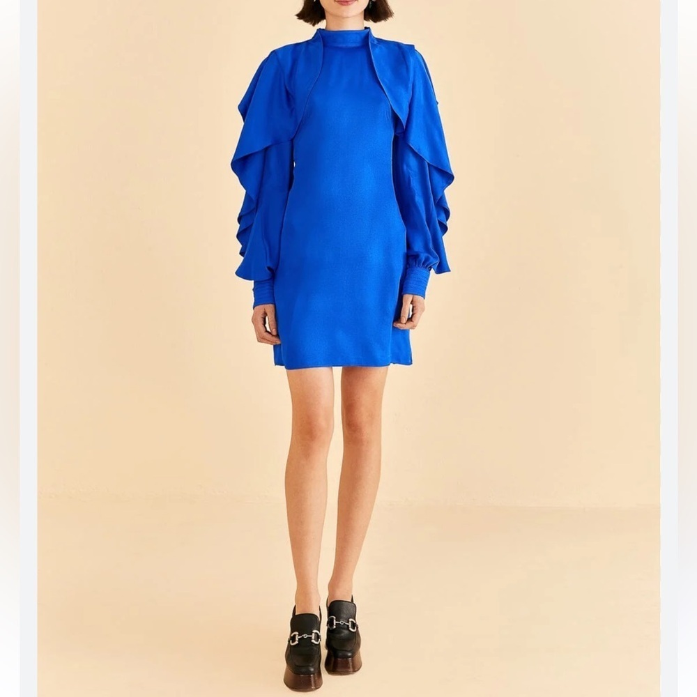 FARM RIO BRIGHT BLUE BACKLESS RUFFLED SLEEVE MINI DRESS
BLUE size XL